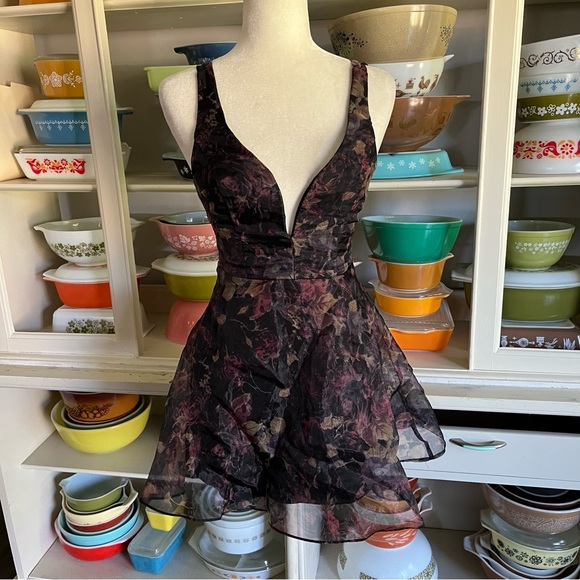 Lulus Imagine Romance Black Floral Print Organza Skater Dress - Size XS - Picture 4 of 16